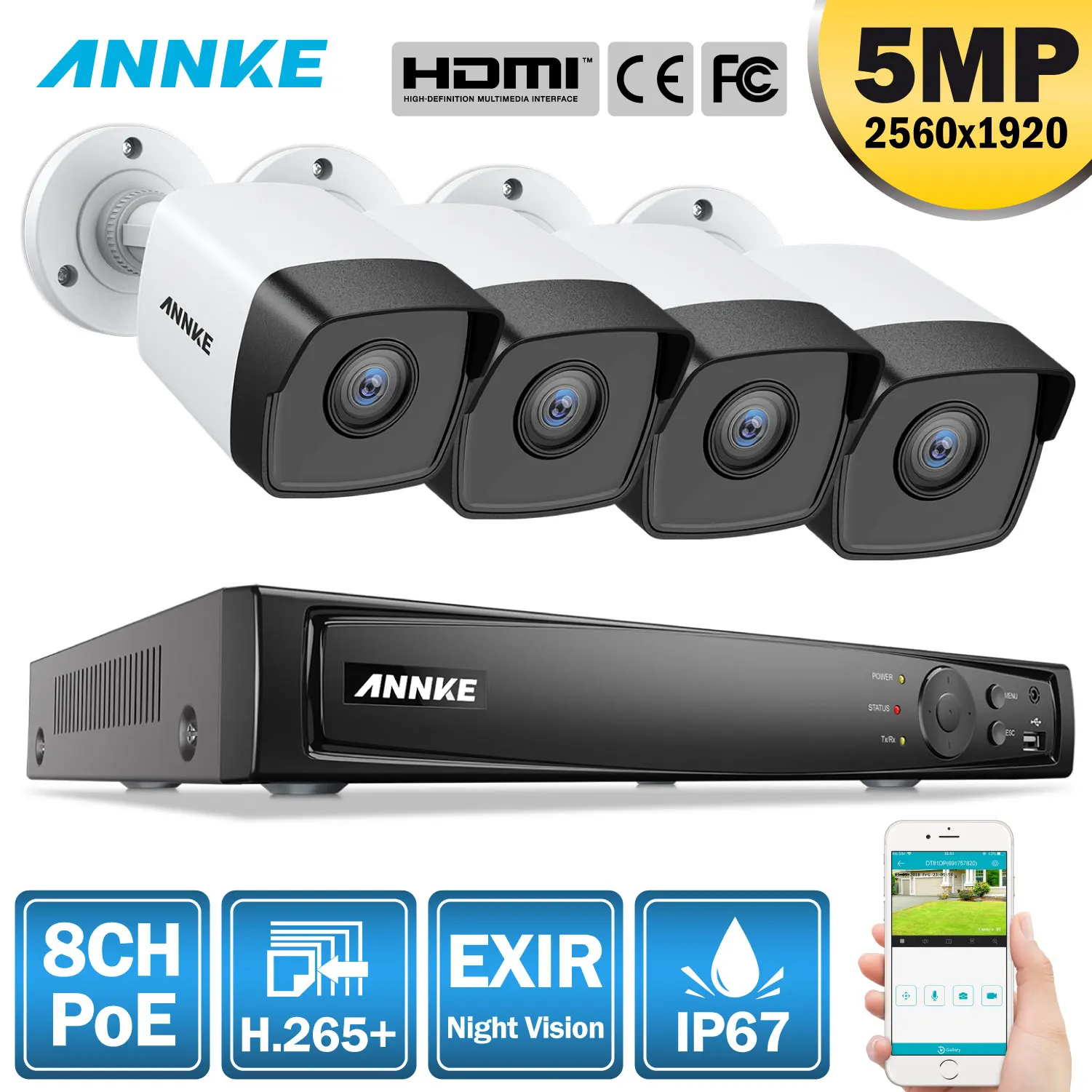 ANNKE 8CH HD 5MP POE сетевая видео система безопасности 8MP H.265 NVR с 4 шт 5MP 30m EXIR ночного видения Всепогодная wifi IP камера