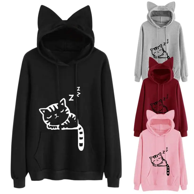  KANCOOLD T-Shirt high quality Cotton Printing Cat Long Sleeve Hoodie slim t-shirt Hooded Pullover T
