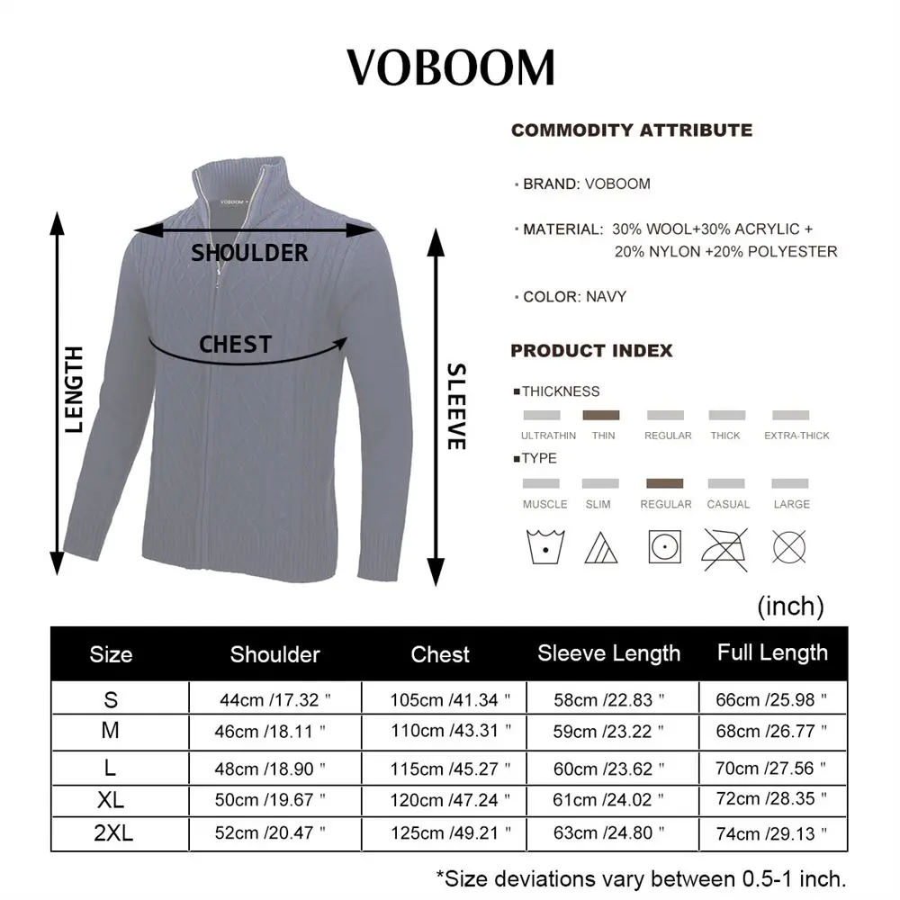VOBOOM البحرية الأزرق سترة معطف الرجال الصوف مزيج الخريف الشتاء عارضة سستة محبوك سليم جاهزة كم طويل البلوزات سترة 100