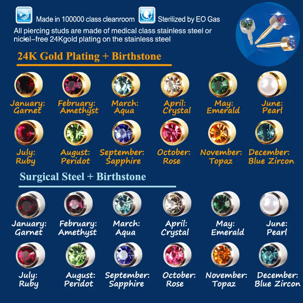 1 Pair Surgical Steel Birthstone Crystal Ear Stud No Allergy Earring