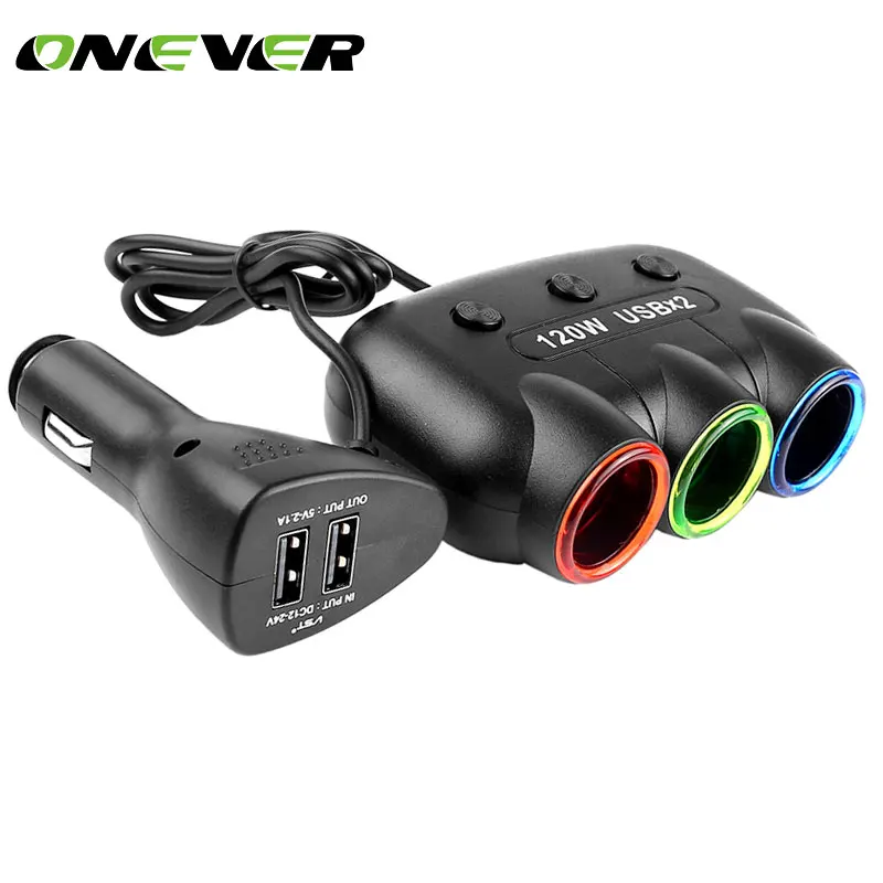 

Onever 1 to 3 Car Cigarette Lighter Coupler Splitter Socket with Dual USB LED 5V/2.1A Car Charger Electronic Cigarette lighter