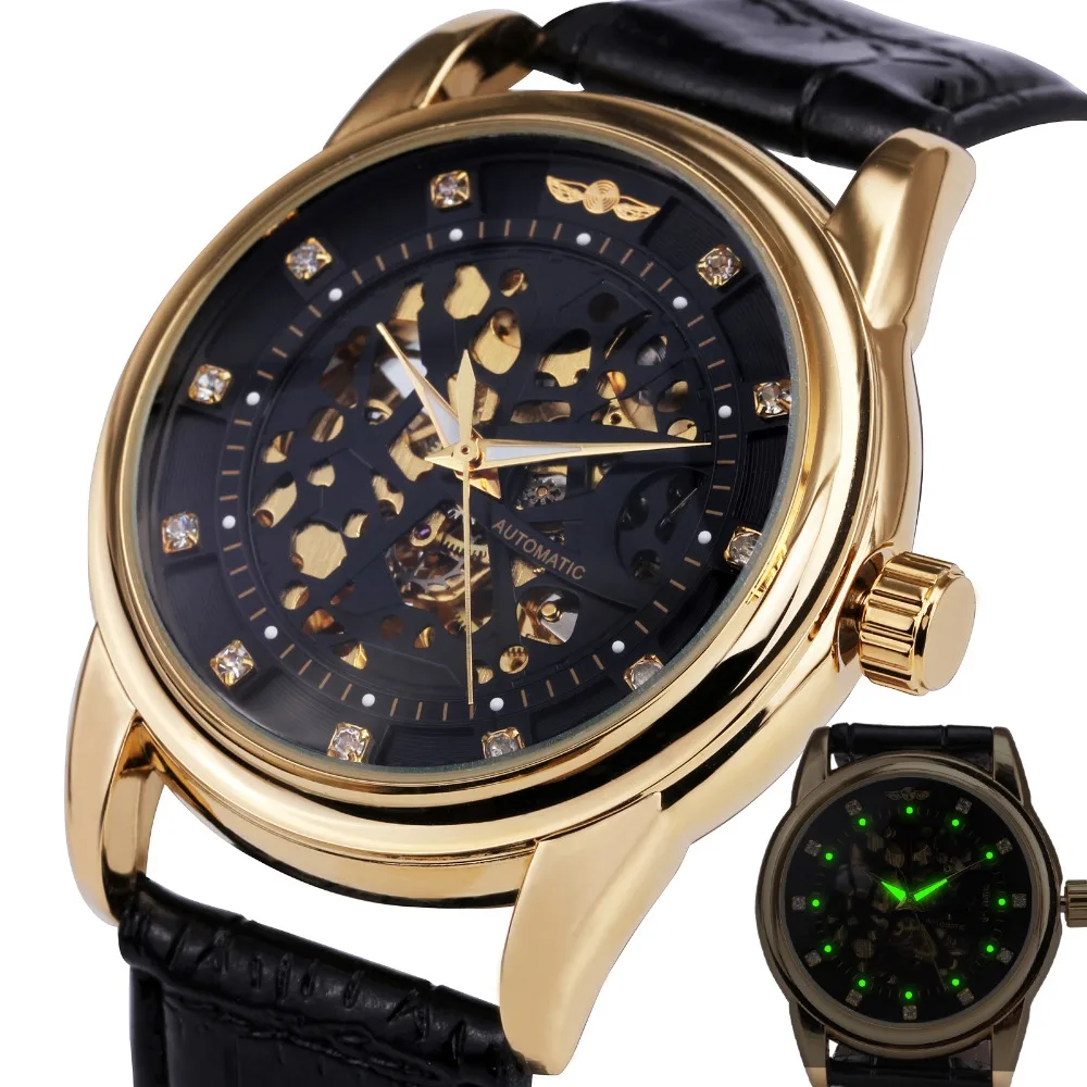 font b WINNER b font Royal Diamond Design Black Gold Watch Montre Homme Mens Watches