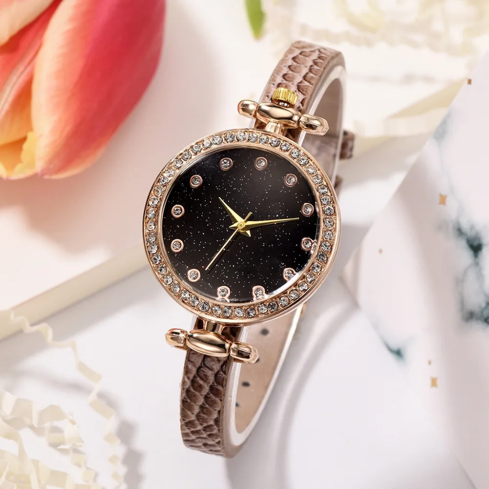 Бренд Disu, винтажные кварцевые часы для женщин, маленькие кожаные нарядные наручные часы, простые стразы, браслет, ЖЕНСКИЕ НАРЯДНЫЕ часы