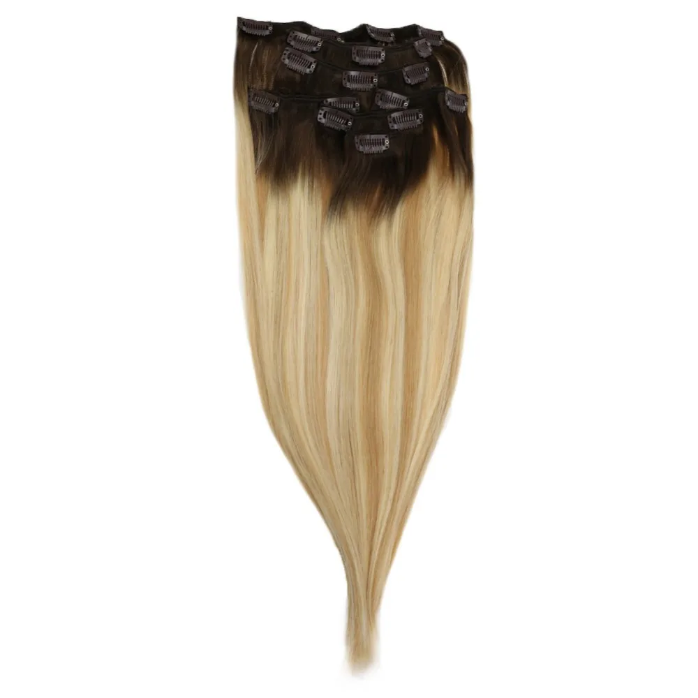

Full Shine Ombre Full Head Clip in Machine Made Remy Extensions 7Pcs Balayage Extensions Clip In Color #3 Fading to 24and 27
