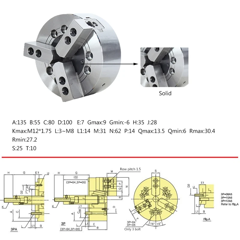 High Rigidity Structure and High Clamping Accuracy 3 Jaw LATHE Chuck 14-135mm Chucking Diameter Matching cylinder RA-130 (8)