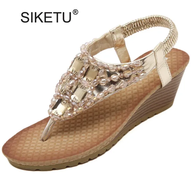 Women Wedge Sandal Bling Rhinestone Flip Flops Casual Silver Gold