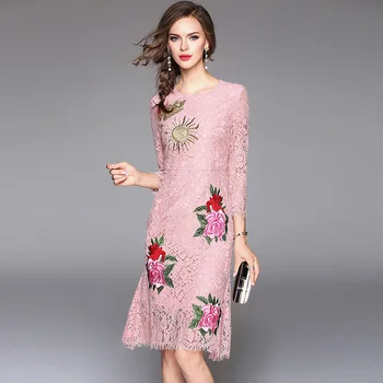 

2017 Autumn women high quality Elegant Embroidery lace print dress fashion Mermaid dresses office lady party short Slim dress