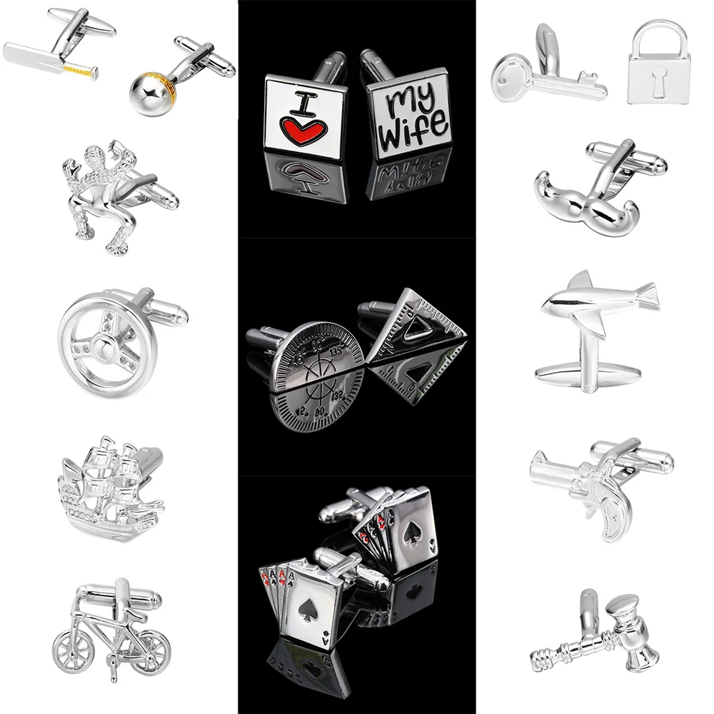 Sporty Silver Cufflinks 18 Styles Key/Car/Bicycle/Airplane/Playing cards Design Fashion for Men Fine Jewelry Gemelos | Украшения и