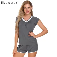 Ekouaer летние пижамы женские повседневные пижамы пэчворк с v-образным вырезом короткий рукав топы с эластичной талией Шорты пижамные наборы