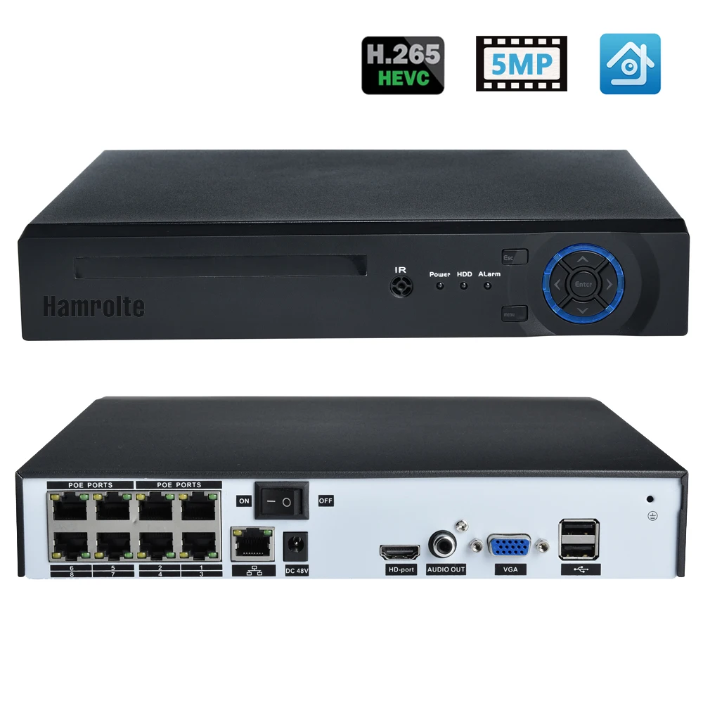 Hamrolte CCTV NVR 8CH POE NVR 4*5 Мп/8*4 Мп для IEEE802.3af 48V POE IP Камера безопасности Системы Xmeye Обнаружение движения ONVIF H.265