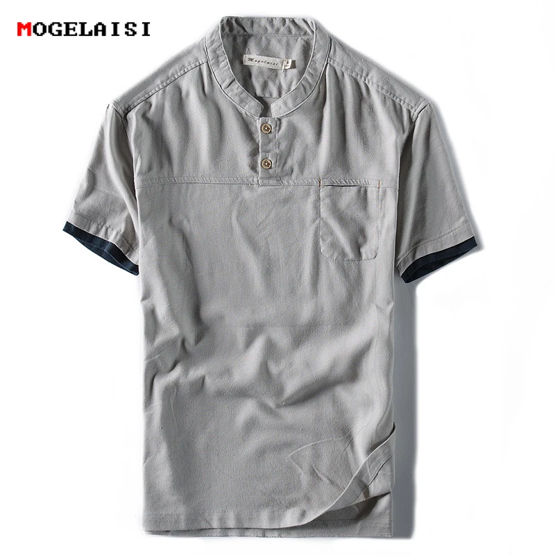 

T-shirt Men Summer Linen Clothing Chinese Style Linen Cotton T shirts For Men Stand T shirts Short Solid Pocket Size M-4XL
