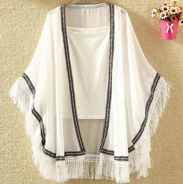 

women fringed shawl coat summer beach cardigan loose chiffon bouse