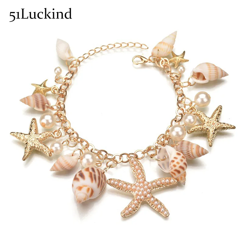 

Bohemia Starfish Conch Design Bracelet Charms Gold Color Link Chain Braclet For Women Girls Hand Jewelry Bileklik Femme