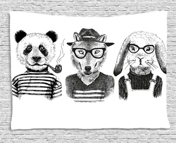 

Animal Tapestry, Hipster Panda Bear Cigar Fox and Rabbit Glasses in Human Clothes Illustration, Wall Hanging Tapestry