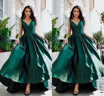 

2019 Dark Green Prom Dress Long Floor Length A-Line Simple Evening Party Gowns Sleeveless V-Back Customized Vestidos De Festa