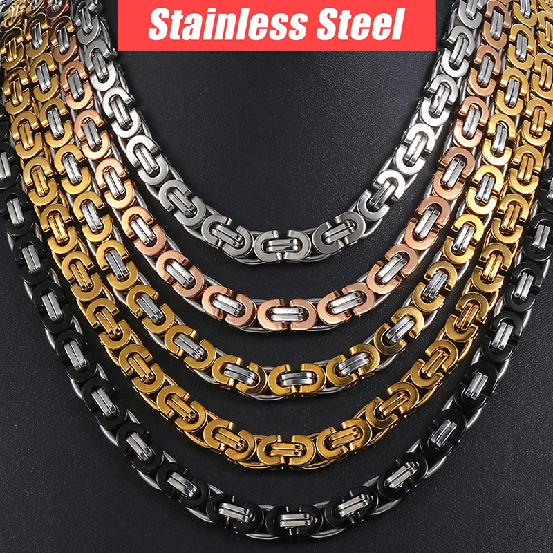 Chain Necklace for Men Stainless Steel Gold Silver Black Byzantine Link
