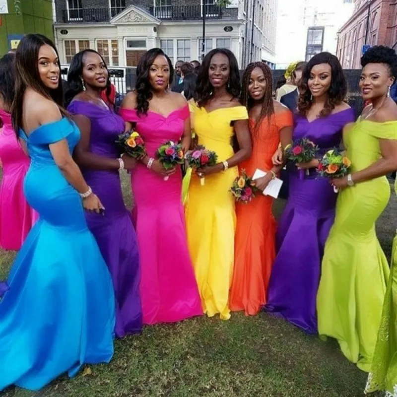

Cinderella Colorful V-Neck Off The Shoulder Sweep Train Satin Floor Length Evening Dresses vestidos de fiesta de noche