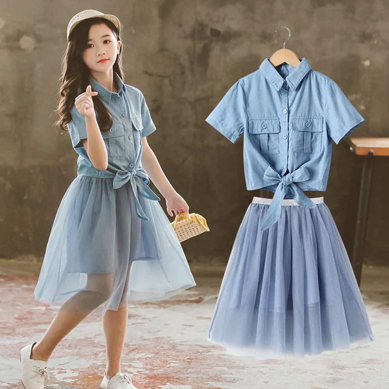 

2019 Summer Big Girls Skirt Sets Korean Denim Blouse with Mesh Skirt Two-piece Clothes Suit Girls Boutique Back To School Outfit