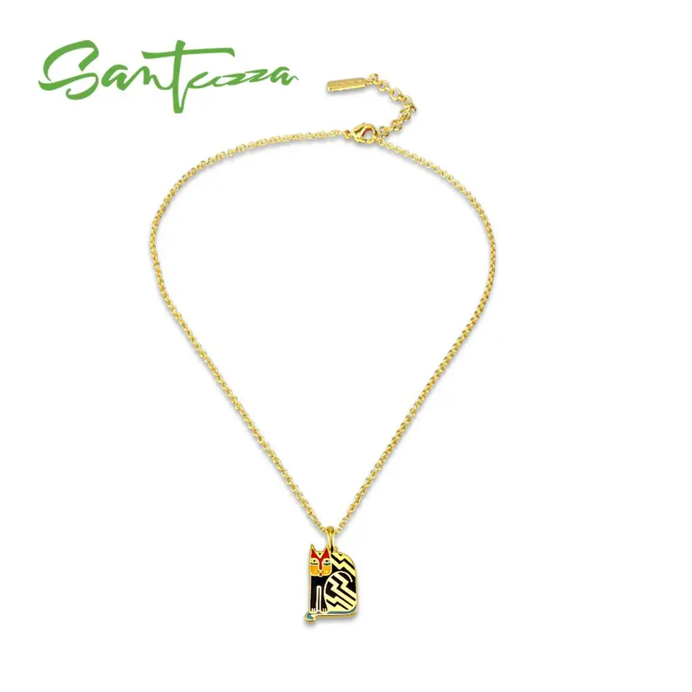 SANTUZZA Латунное ожерелье для женщин Милая Черная кошка кулон ожерелье ручной работы эмаль вечерние ювелирные изделия