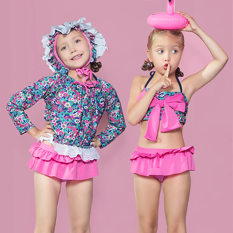 

2-12 years 4pcs Big Bowknot Lace Swimsuit Girls 2017 Print Floral bikini set Children baby Long sleeve swimwear Swimsuit