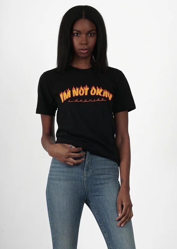 

sunfiz YF Unisex &I m Not Okay Flame Print Funny T-Shirt Grunge Style Black Tee Shirt Skater Summer Tops