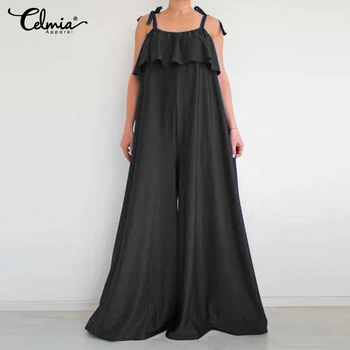 

2020 Summer Sleeveless Rompers Womens Sexy Strap Jumpsuit Celmia Elegant Ruffle Overalls Loose Long Wide Leg Pants Plus Size 5XL