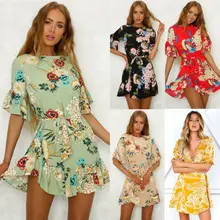 Boho, женское пляжное летнее платье с v-образным вырезом, vestidos, женский сарафан с оборками, короткий рукав, праздничное цветочное кружевное пляжное платье-пачка, одежда