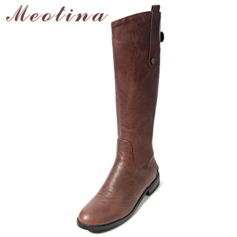 

Meotina Women Boots Autumn Riding Boots PU Leather Flat Knee High Boots Zipper Round Toe Tall Shoes Female Winter Big Size 34-43