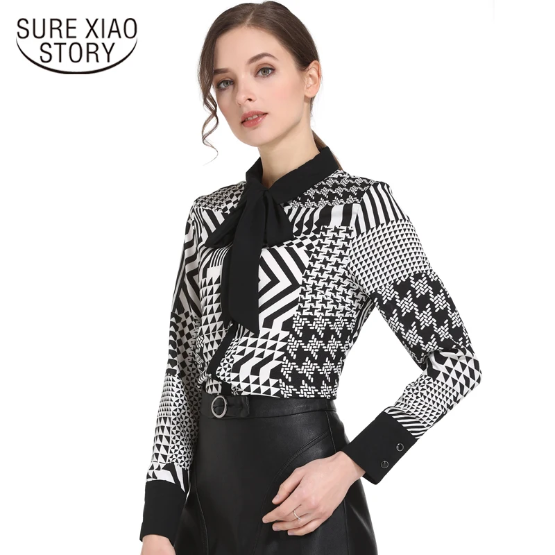 womens tops and blouse black print chiffon women blouse shirt fashion bow collar office blouse long sleeve women shirts 0475 60