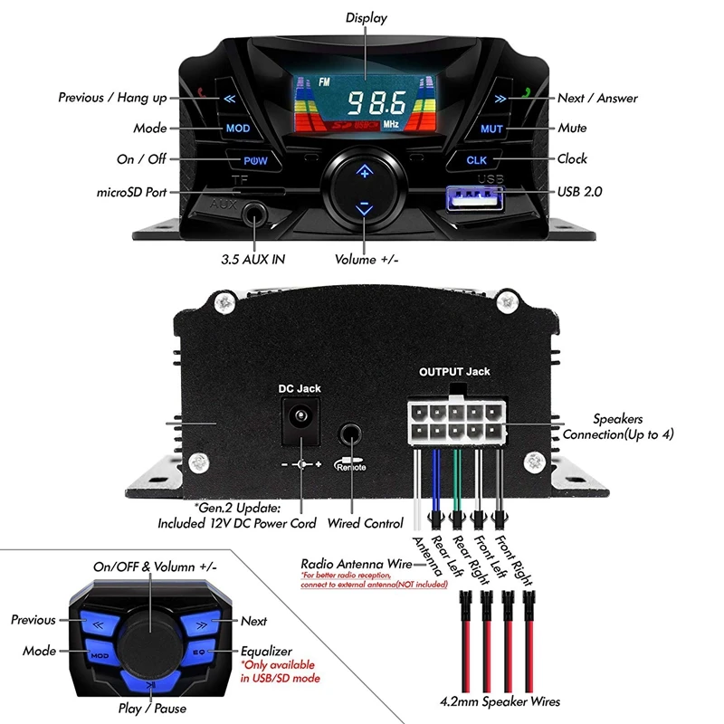 3 Inch Motorcycle Waterproof Bluetooth Speakers 4 Channel Amplifier Mp3 Music Sound Audio Stereo Amp System