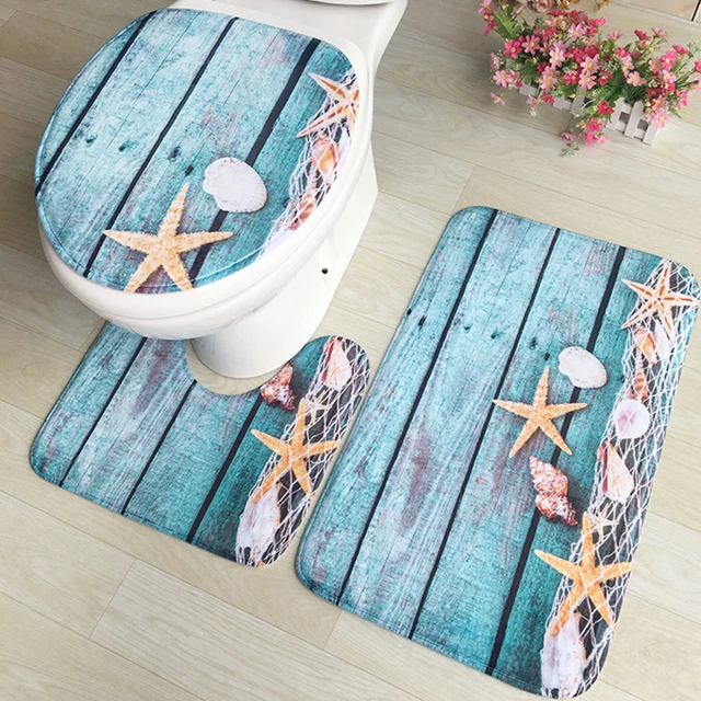 3 pcs Bath Mats Ocean Underwater World Anti Slip Bathroom Mat Set Coral