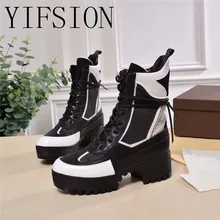 YIFSION New Genuine Leather Rome Gladiator Women Ankle Boots Round Toe Lace Up Thick Heel Women Warm Platform Boots Shoes Woman цена YIFSION New Genuine Leather Rome Gladiator Women Ankle Boots Round Toe Lace Up Thick Heel Women Warm Platform Boots Shoes Woman цены онлайн