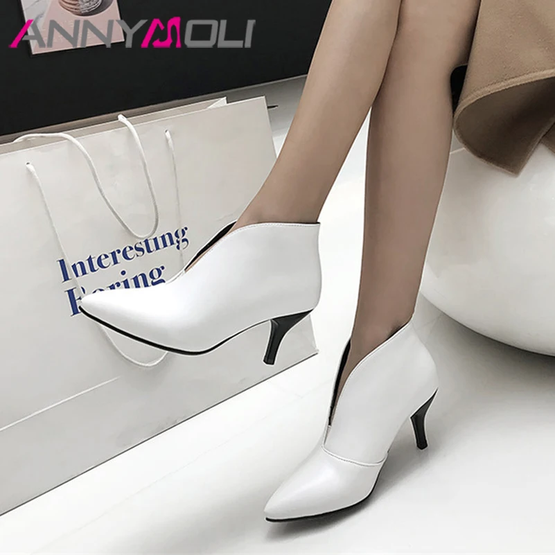 

ANNYMOLI Autumn Ankle Boots Women Shoes Fashion Thin High Heel Short Boots Slip on Pointed Toe Shoes Ladies Spring Plus Size 43