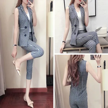 

2019new fashion two-piece temperament OL commuter striped suit female striped sleeveless suit and pencil pants jacket pants suit