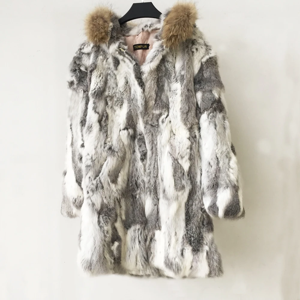 Большой размер, роскошное длинное пальто с капюшоном из натурального меха, женская меховая куртка с кроличьим мехом, пальто с воротником из натурального меха енота, новинка зимы