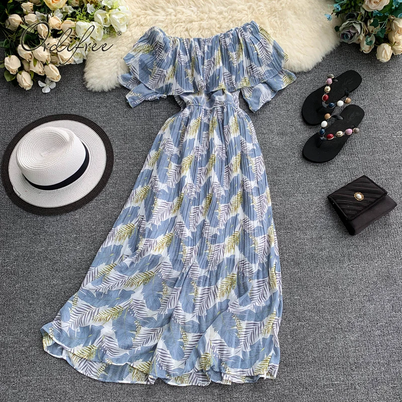 

Ordifree 2019 Summer Women Off Shoulder Long Dress Slash Neck Boho Print Maxi Tunic Beach Dress