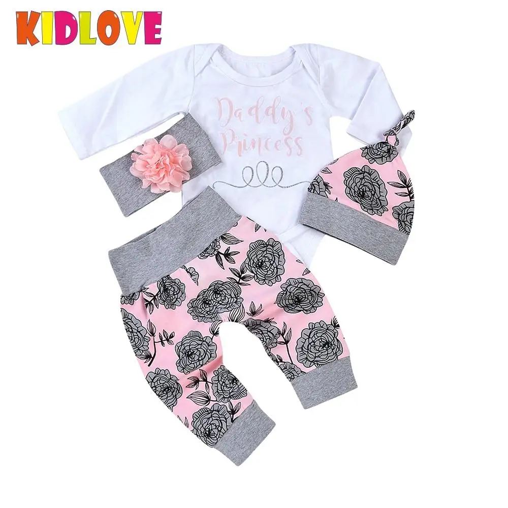 KIDLOVE 4PCS Newborn Baby Girls Daddy Princess Letter Printed Flower