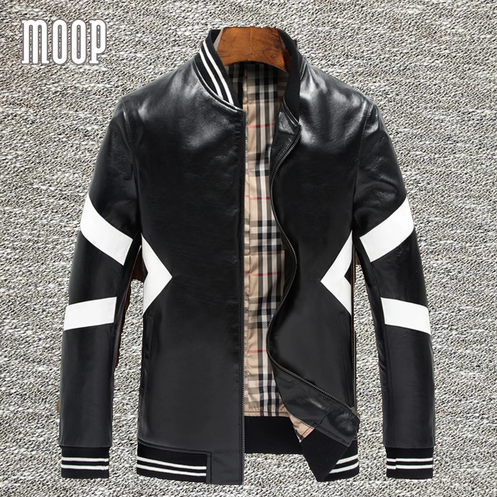 White geometric design lambskin genuine leather bomber