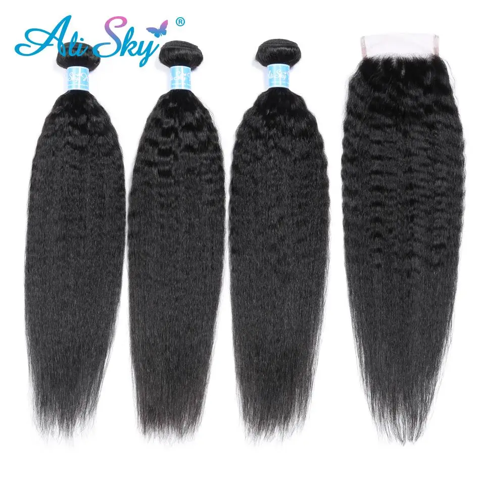 Kinky Straight Brazilian Hair Weave Bundles With Closure Human Hair 3 Bundles With Closure AliSky Hair NonRemy Coarse Yaki 4 PCS