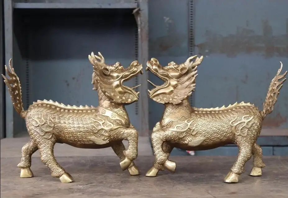 China Fengshui Copper Bronze Kylin Qilin Unicorn Beast Statue Pair | Дом и сад