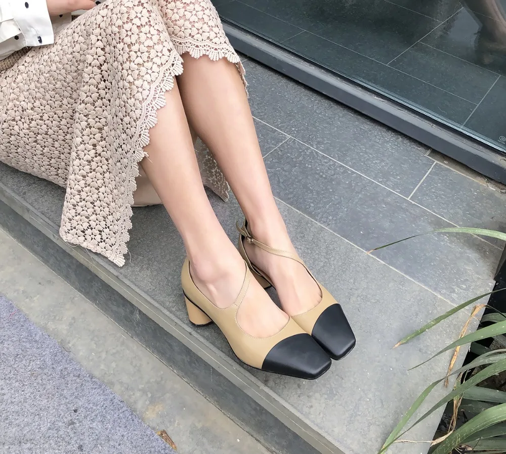 

Women's genuine suede leather cross strap pumps elegant ladies med heel comfort spring new shoes high quality female footwear