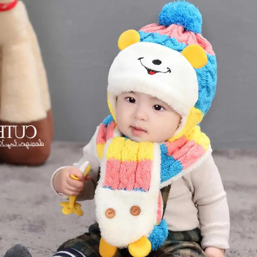 Зимние шляпка для девочки и шарф набор для ребенка мальчик дети улыбающееся лицо мультфильм дизайн в полоску вязаная шапочка шарфы с