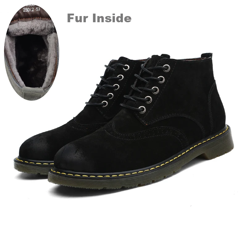 Сезон осень-зима; мужские ботинки с перфорацией типа «броги»; кожаные ботильоны высокого качества; мужская повседневная обувь; модные рабочие мужские ботинки; большие размеры 38-47 - Цвет: Black Fur