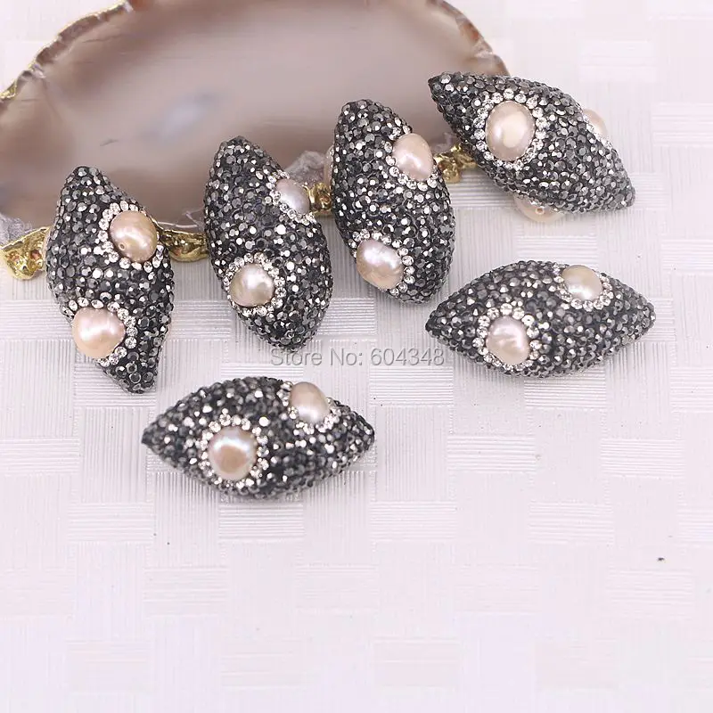 

10pcs Natural Pink Pearl Beads with Crystal Zircon Connectors, Olive shape Freshwater Pearl Beads Gem stone Jewelry