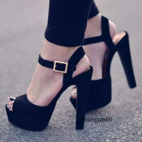 

Retro Style Black Suede Peep Toe Platform Sandals Simply Design Line Buckle Slingback Block Heel Dress Sandals Versatile Shoes