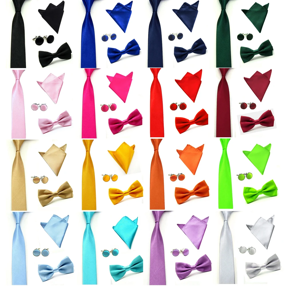 

Men Solid Plain Satin Bow Tie Necktie Handkerchief Cuff Link Pocket Square Set BWSET0507