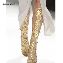 Летние женские сандалии-гладиаторы до колена золотистого цвета женская обувь для подиума пикантные Женские ботинки в римском стиле на тонком высоком каблуке с открытым носком и вырезами