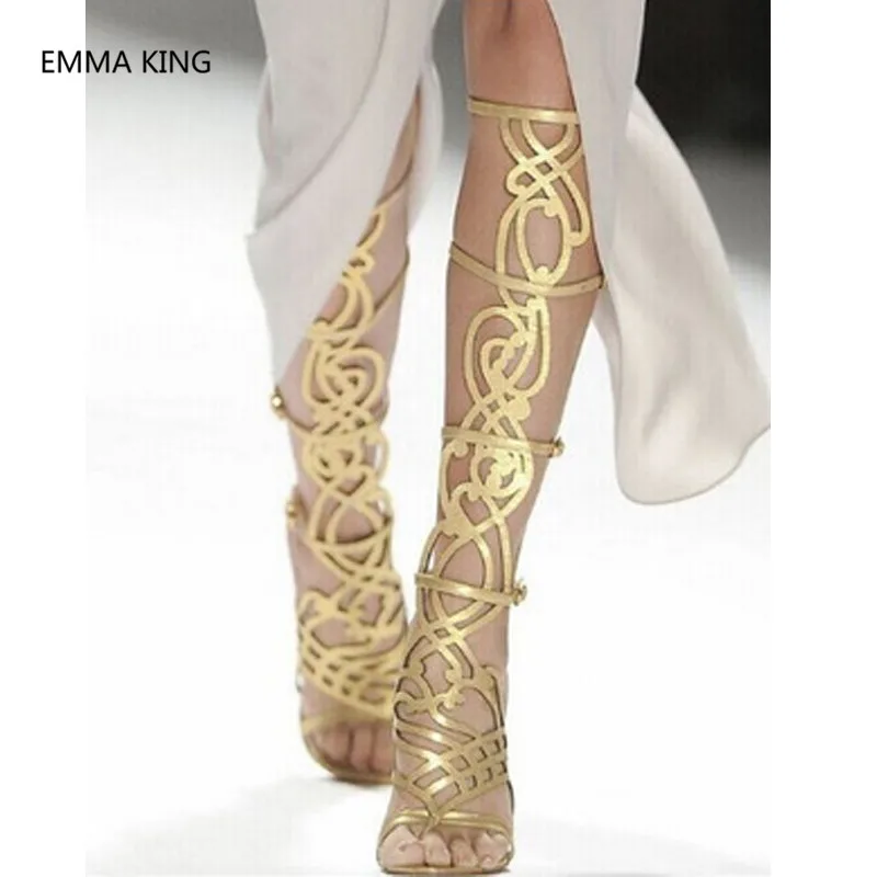 Damen Stiefel Shown Sandalen out Kniehohe Gladiator In Schuhe Dünne as High Sexy Frauen As Römischen Spitze Sommer Heels Runway Gold Frau Cut Picture Picture Stil Offene qIYHIw1