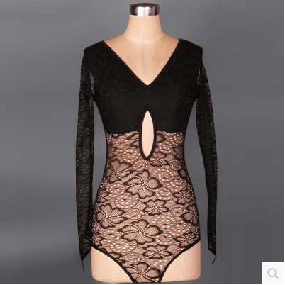 Latin dance costume senior sexy lace long sleeves latin dance top deep V neck latin dance