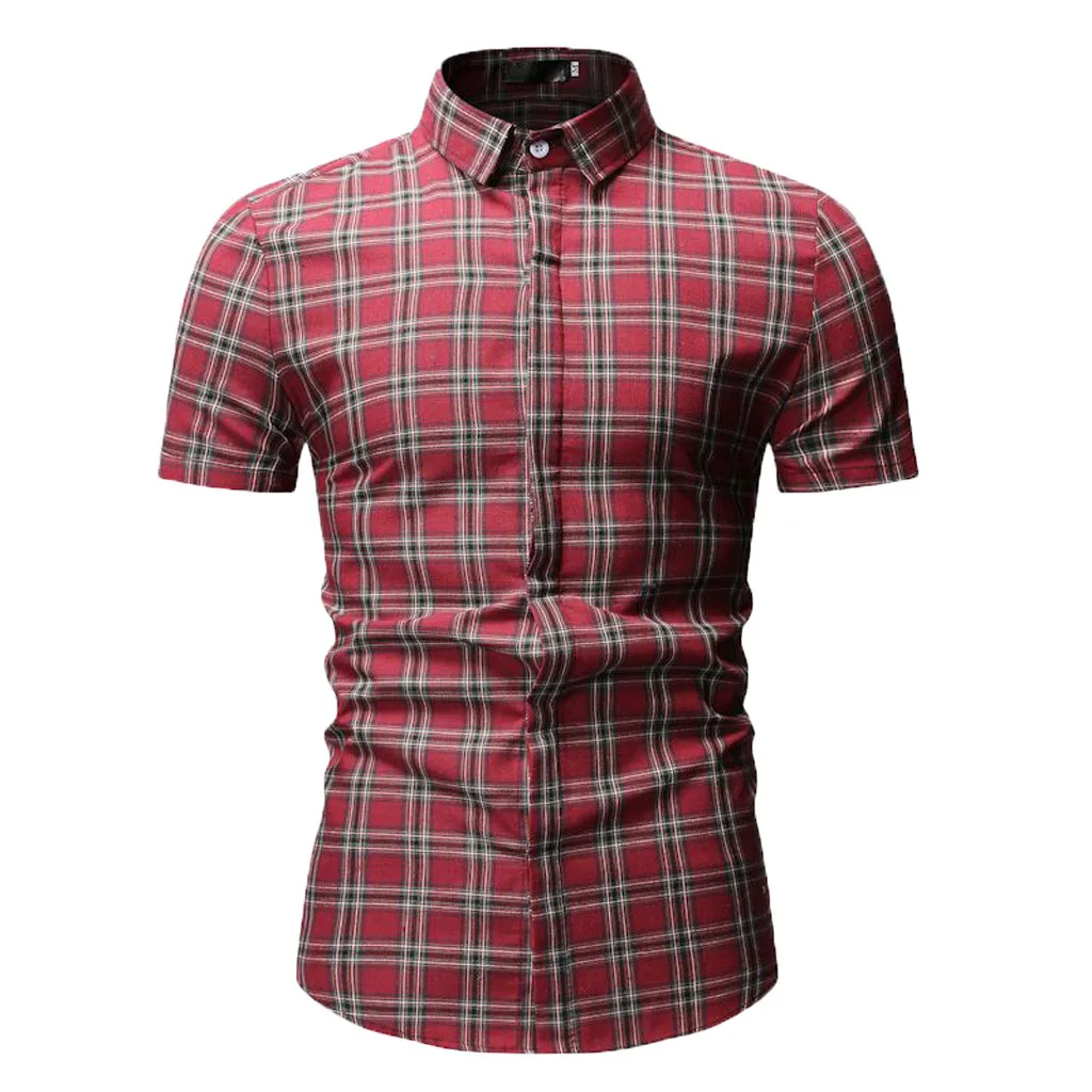 Мужская Блузка мужская летняя модная повседневная полосатая клетчатая рубашка с отворотом с коротким рукавом